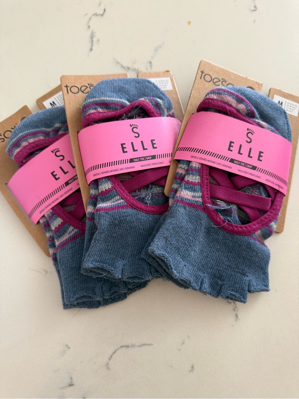 toesox Women's No-Show Athletic Toe Socks in Blue with Pink Trim